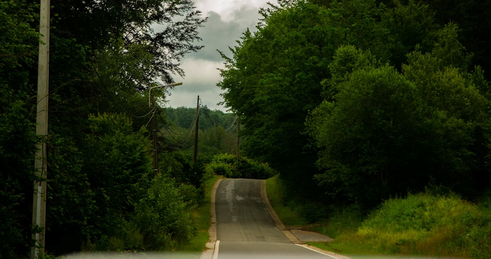 gray concrete road between green trees under white clouds during daytime