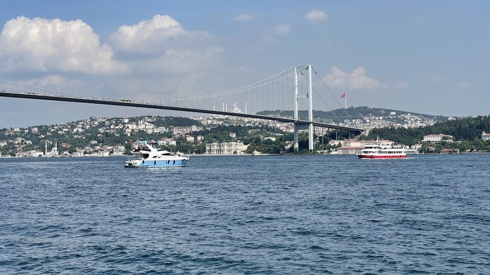 white boat on sea near bridge under blue sky during daytime