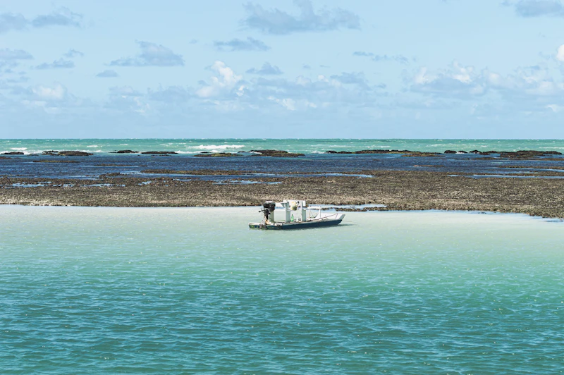 Barco sobre as piscinas naturais de águas claras em Maragogi