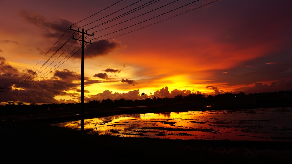 silhouette of electric post during sunset