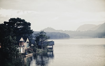 Several rustic houses sit on the edge of a tranquil lake, surrounded by lush trees. Misty mountains form the backdrop under a cloudy sky, creating a serene and peaceful atmosphere.