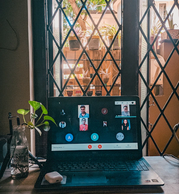 Remote team video call with diverse professionals sharing ideas