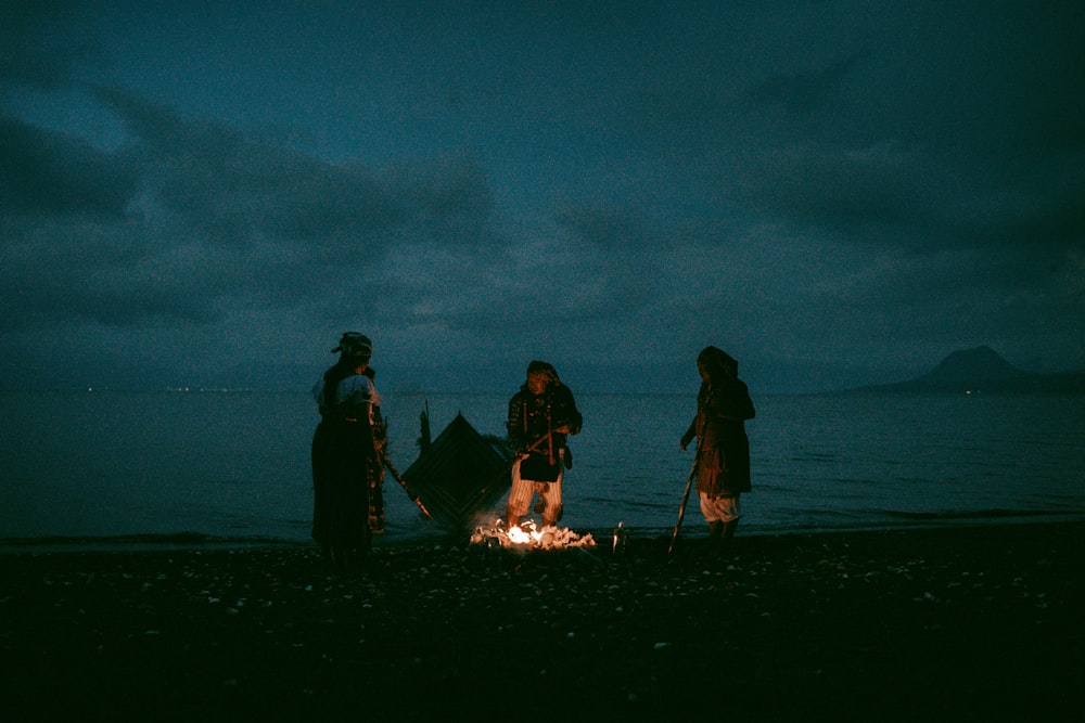 silhouette of people standing near bonfire during night time