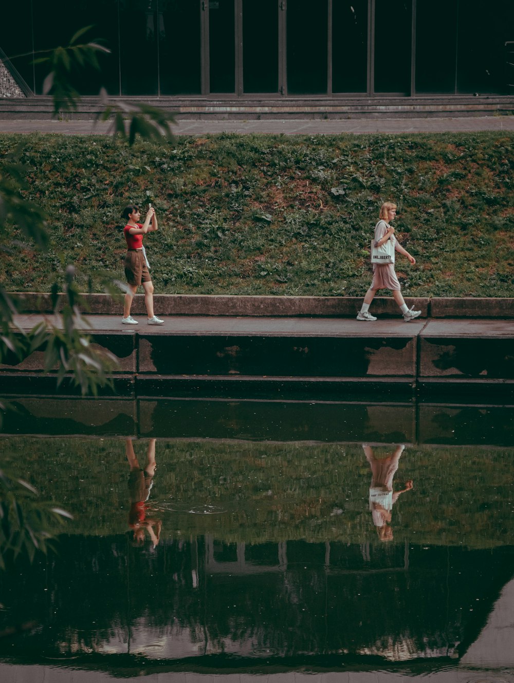 woman in white shirt and blue denim jeans standing on brown wooden bridge during daytime