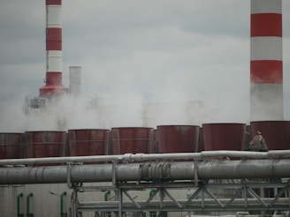 Large industrial chimneys and cooling towers emit steam or smoke into the air. The scene is dominated by dull, muted colors with heavy cloud cover above, suggesting an overcast day. The pipes and structures in the foreground add to the industrial ambiance.