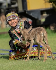 A young girl wearing colorful traditional clothing and a beaded headband is kneeling on grass, feeding a baby deer from a bottle. The scene is outdoors with a blurred background.