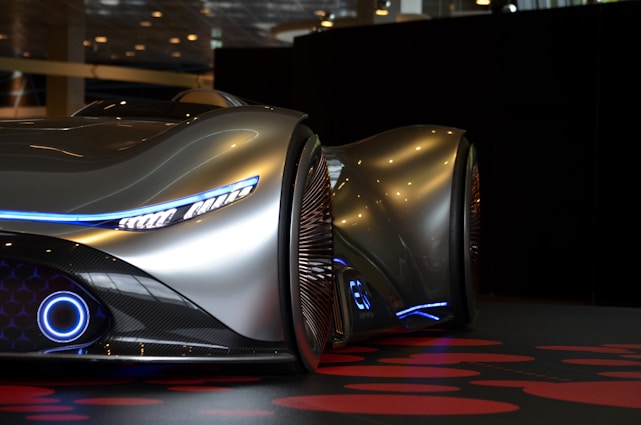 A sleek futuristic car glowing with neon blue and purple accents, symbolizing AI-powered insurance.