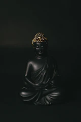 Elegant meditation sculpture surrounded by subtle shadows and bronze highlights on a dark charcoal background.