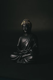 A serene figure meditating surrounded by golden dark energy and cosmic symbols.