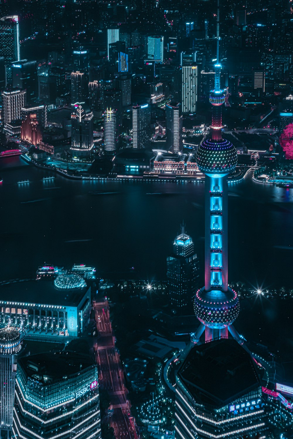 aerial view of city buildings during night time