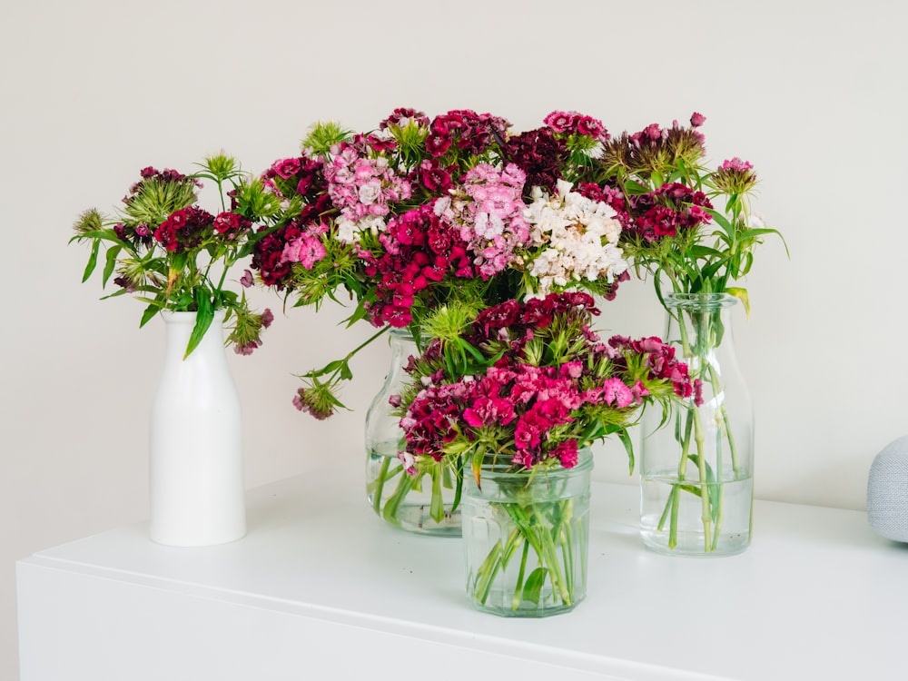 pink and white flowers in clear glass vase