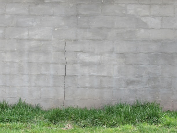 A cracked concrete wall with a vertical seam and a strip of green grass at the base. The wall's surface appears weathered and aged, with slight discoloration.