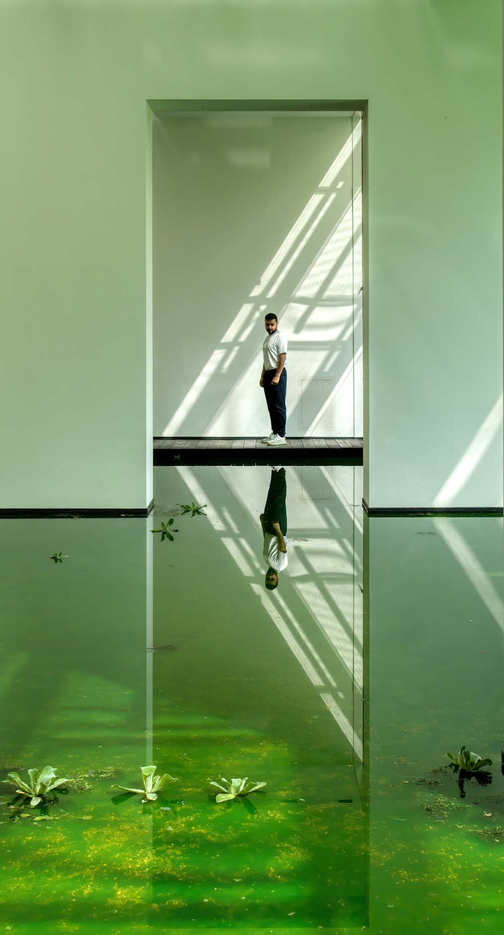 man in white shirt and black pants standing on green floor
