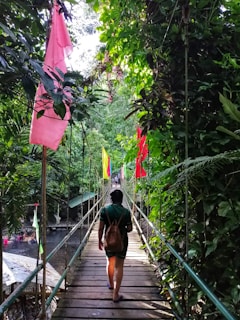 A person wearing a backpack walks across a wooden suspension bridge in a lush, green jungle. Colorful flags are attached to the sides of the bridge, and dense foliage surrounds the area. Sunlight filters through the trees, creating dappled shadows on the path.