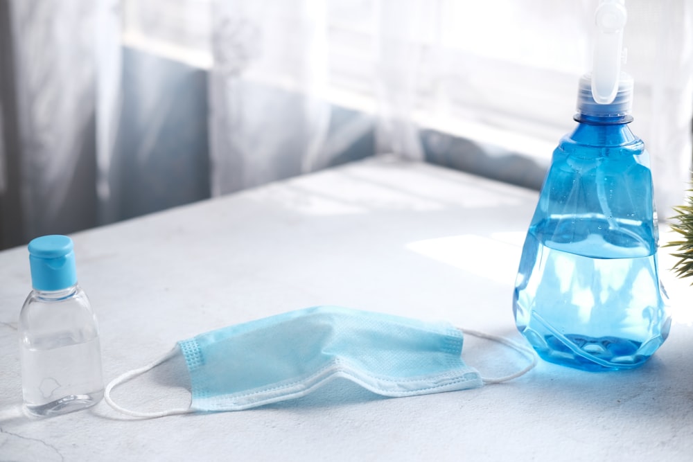 blue plastic bag on white table