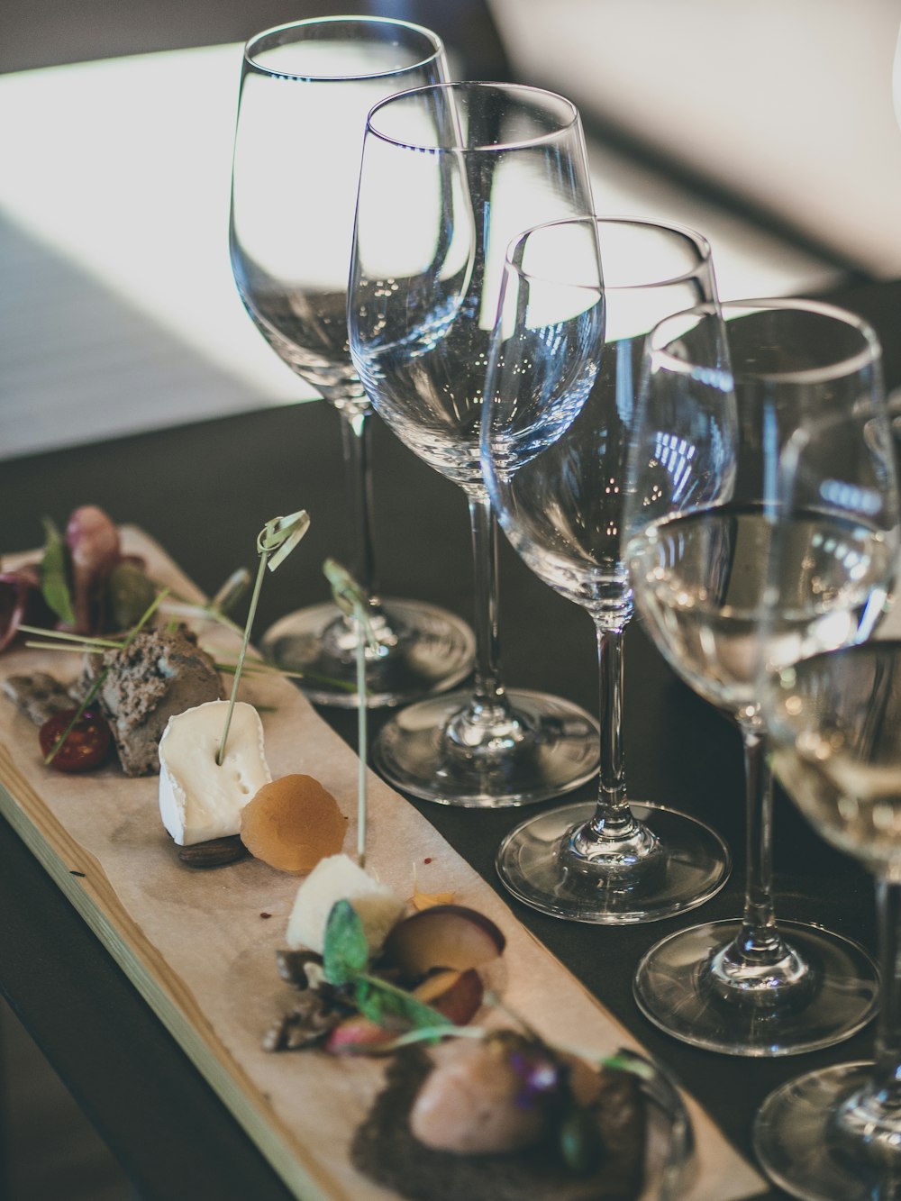 clear wine glasses on table