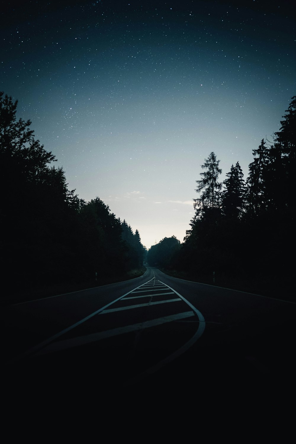 gray concrete road between green trees under blue sky during night time