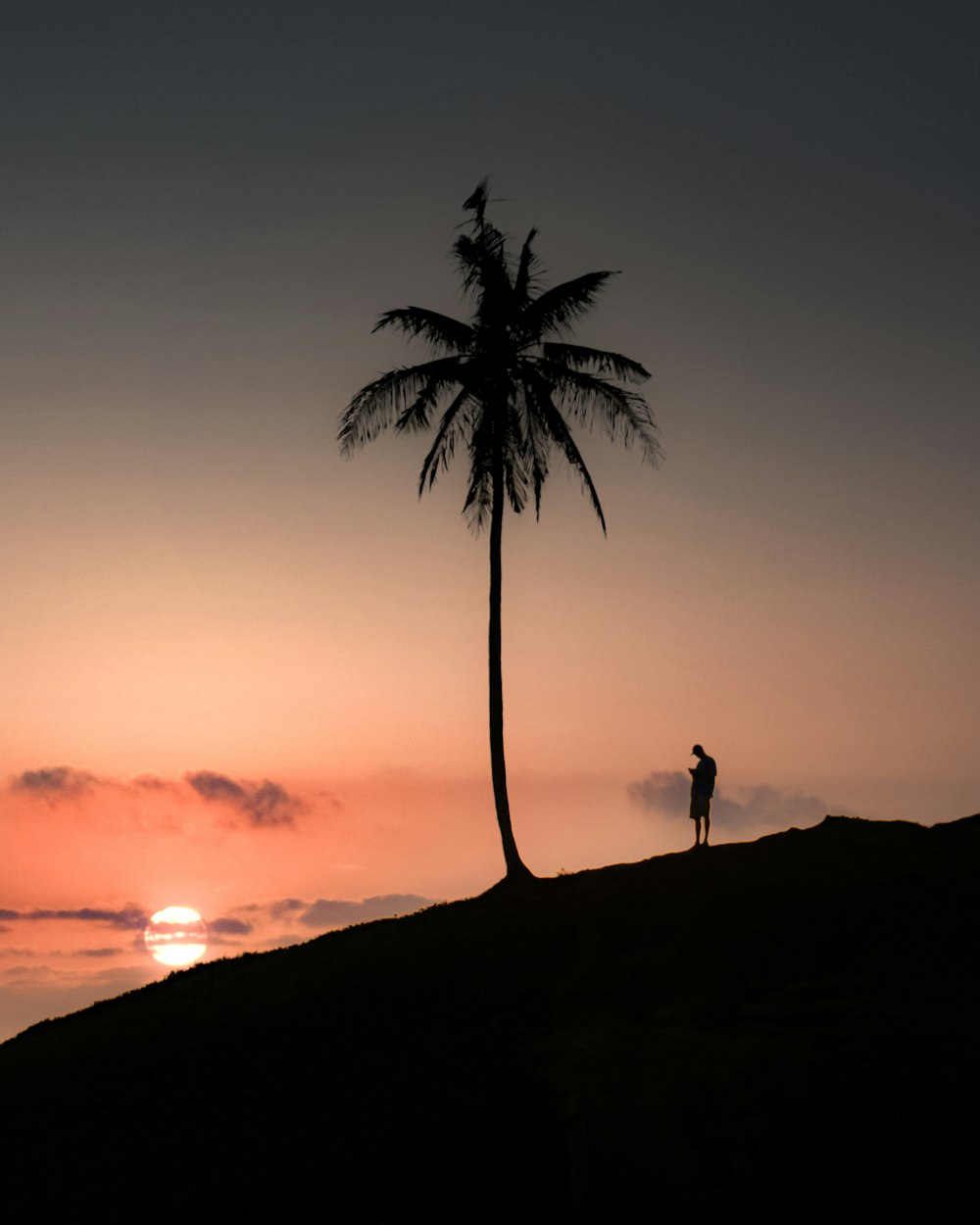 silhouette of person standing on top of mountain during sunset