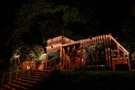 A warmly lit wooden structure decorated with string lights stands surrounded by greenery, including trees and climbing plants. Wooden stairs lead up to the entrance, creating an inviting atmosphere against the backdrop of a dark night sky.