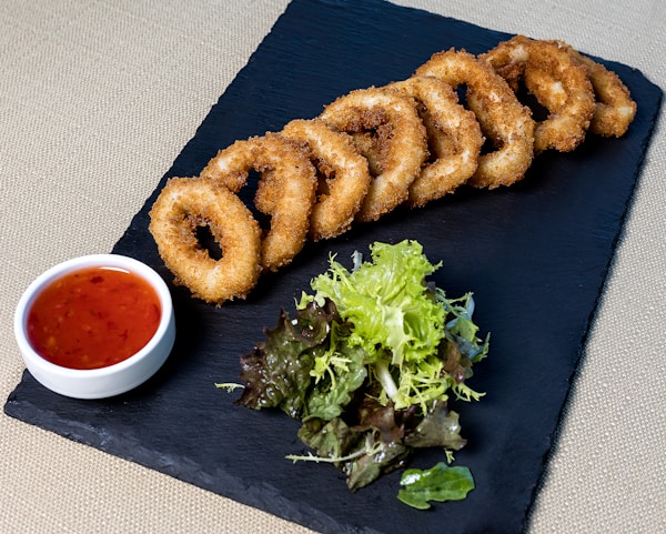 Fried food on black textile