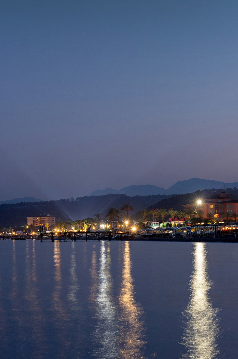 city skyline near body of water during night time