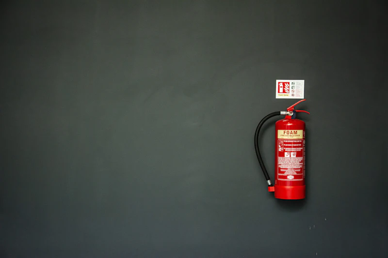 Extincteur rouge fixé sur un mur clair