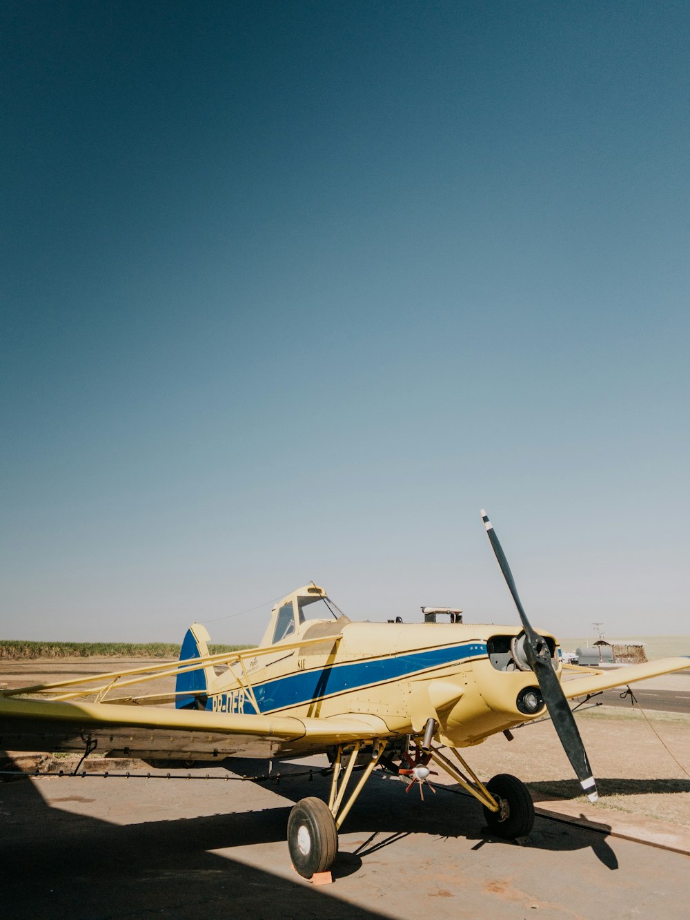 yellow and white plane on brown field under blue sky during daytime