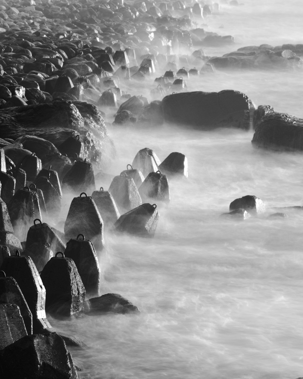 grayscale photo of ice blocks on water