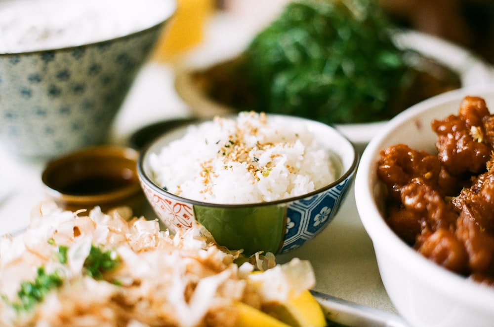 white and blue ceramic bowl with rice