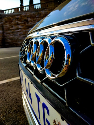Close-up of European car parts including Audi and BMW emblems.