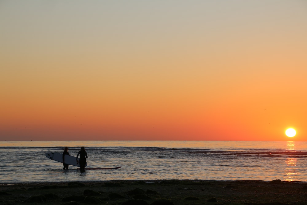 silhouette of 2 people standing on beach during sunset