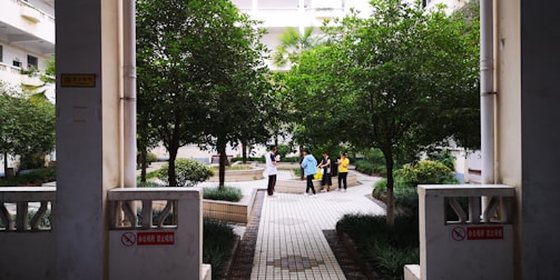 Community gathering in a green courtyard emphasizing connection and support