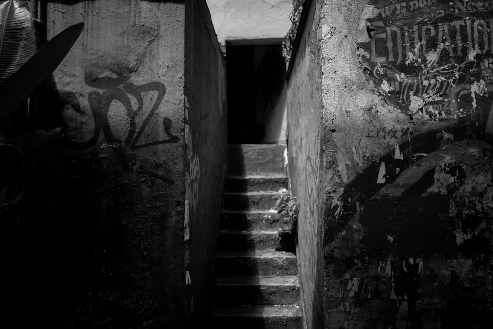 grayscale photo of concrete staircase