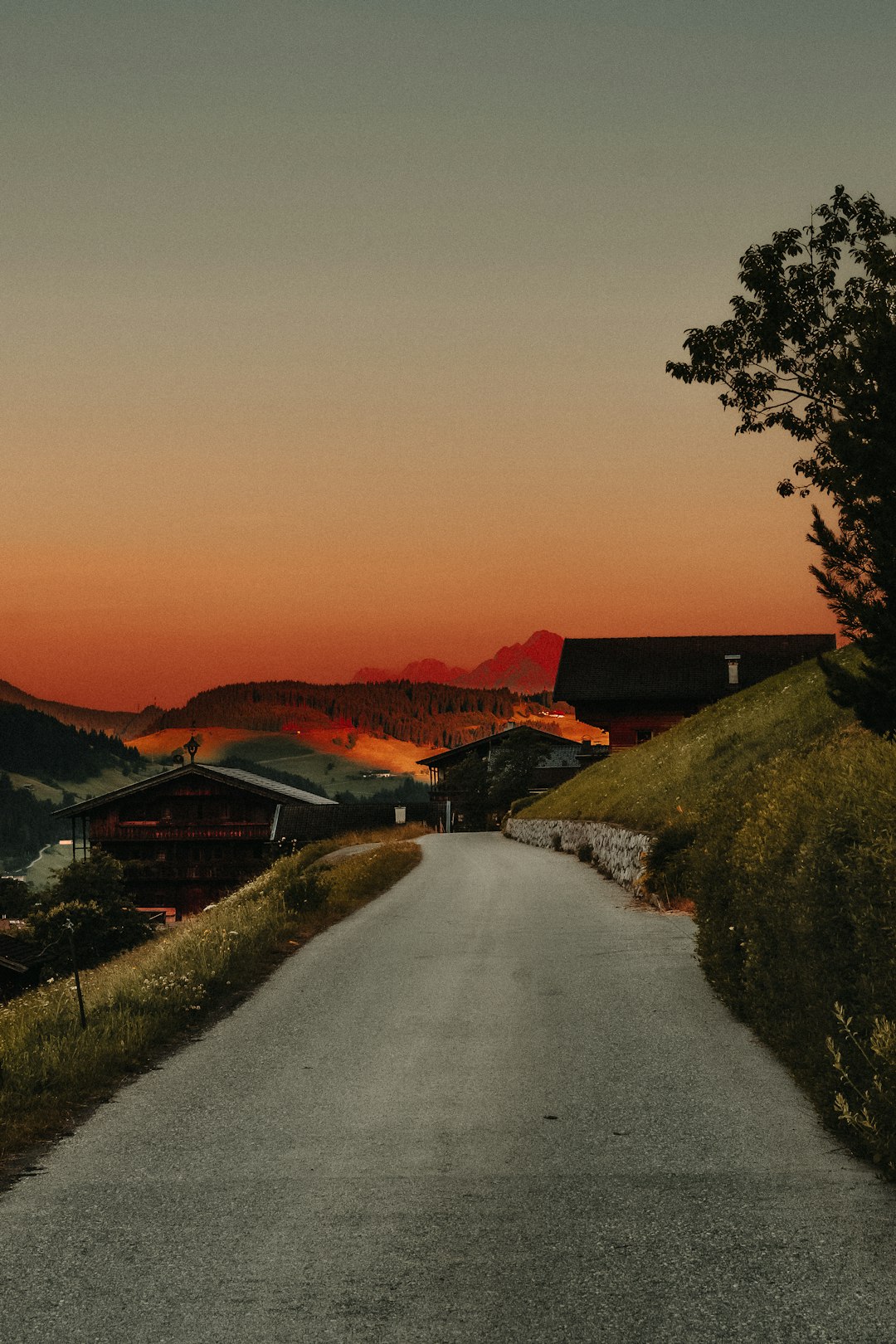 gray asphalt road between green grass field during sunset