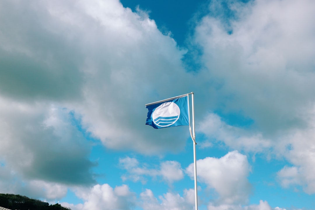 blue and white flag under white clouds