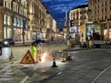 Street lighting installation in Españita at dusk with workers and equipment