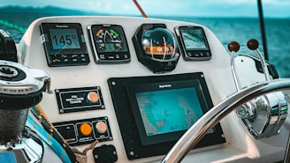 good layout of a marine dashboard with GPS, autopilot. compass and other electronics 
