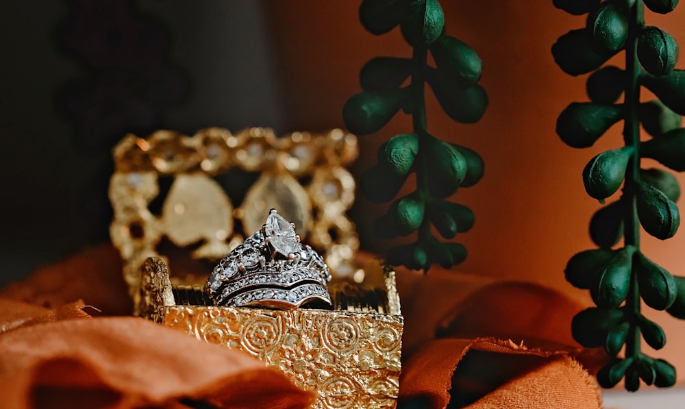 silver and gold crown on red textile