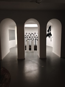 A dimly lit interior with three arched doorways. In the center, several tall white pillars display multiple photographs or artworks. The left and right doorways lead to curved white walls, with the right wall featuring a large black silhouette of a map.
