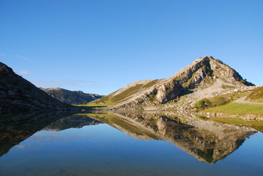 green and brown mountain beside lake under blue sky during daytime