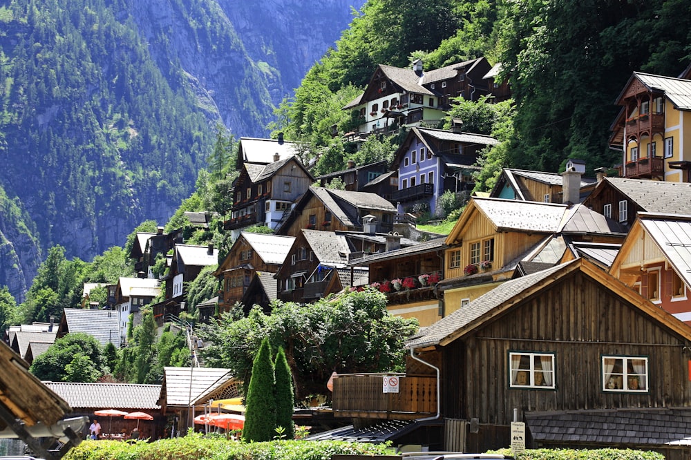 brown wooden houses near green mountains during daytime