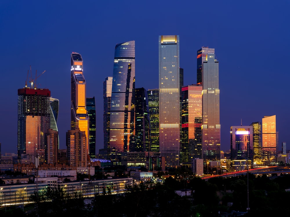 city skyline during night time