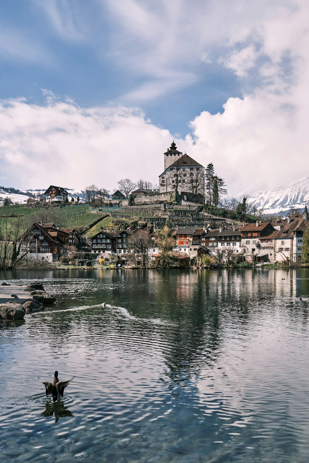 houses near river under cloudy sky during daytime