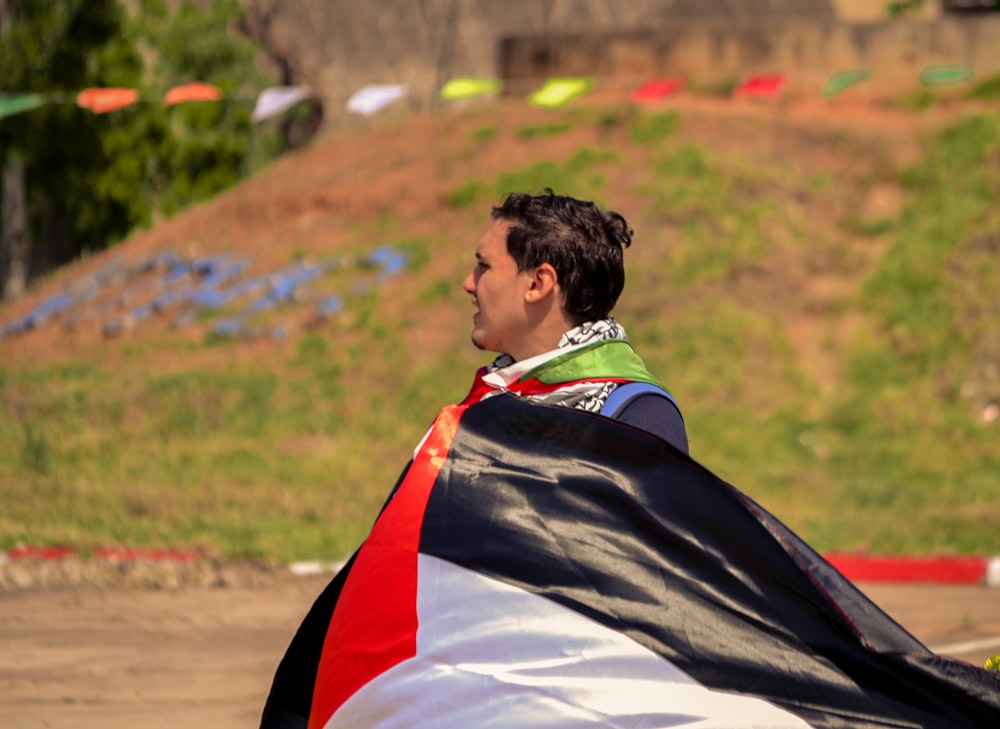 man in black white and red jacket