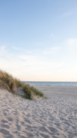 A serene beach with soft white sand and clear blue waters.