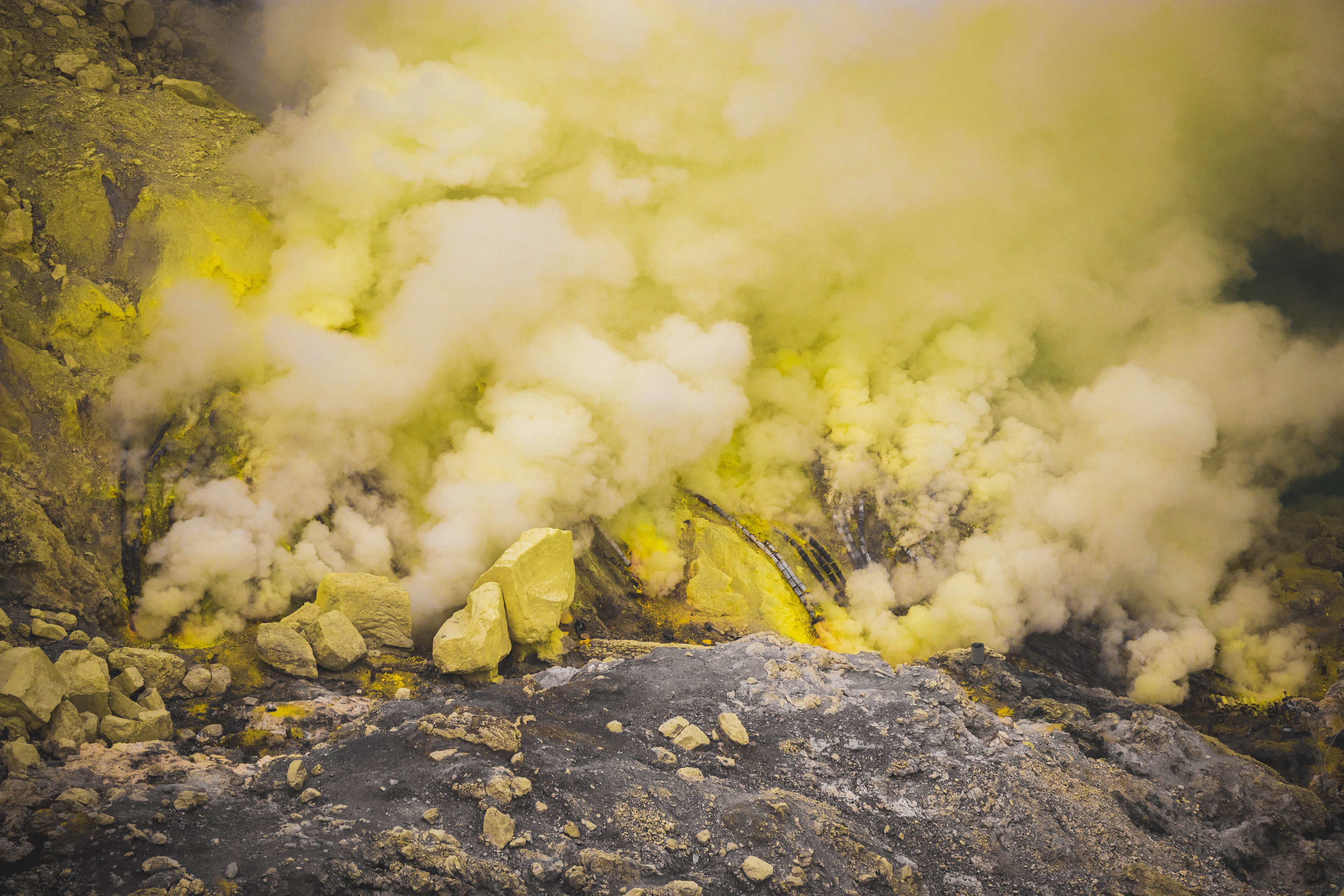 Yellow sulphur deposits at a volcanic vent