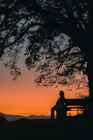 Person sitting quietly on a bench, watching the sun rise over a calm horizon.