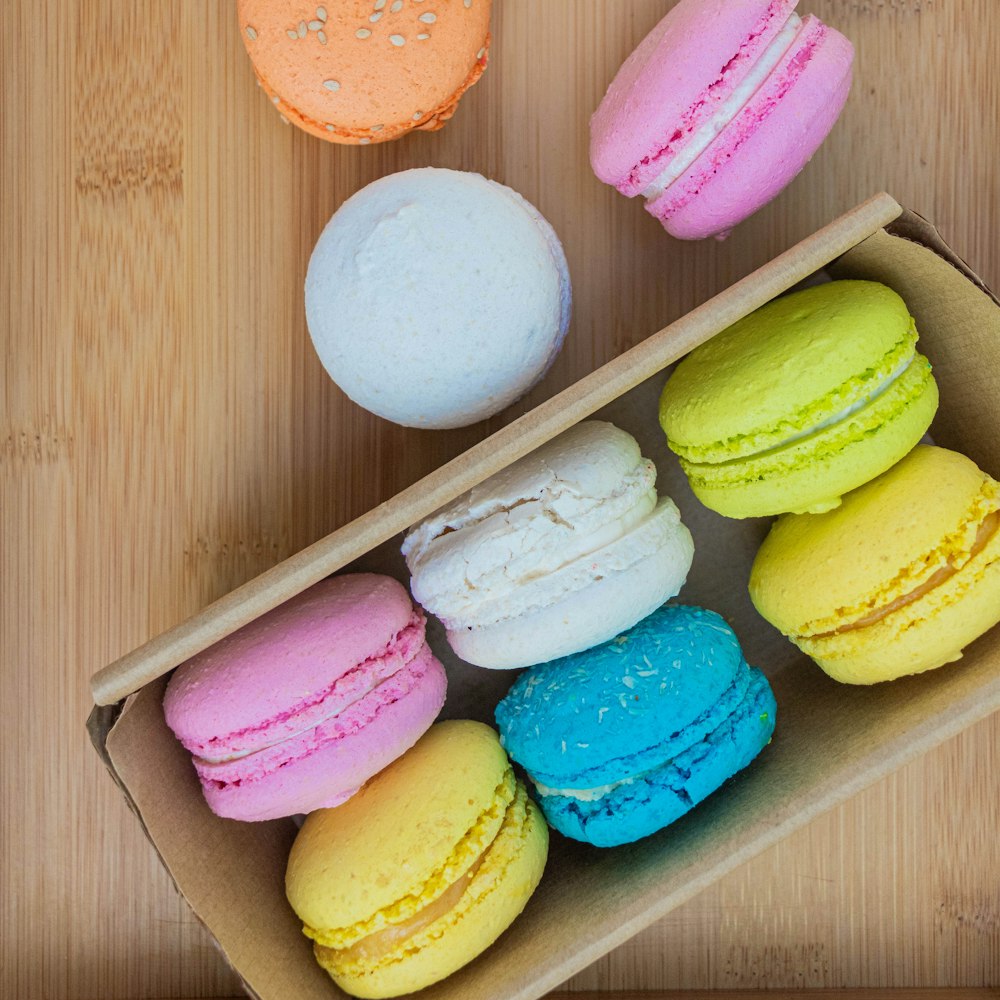 yellow pink and blue macaroons