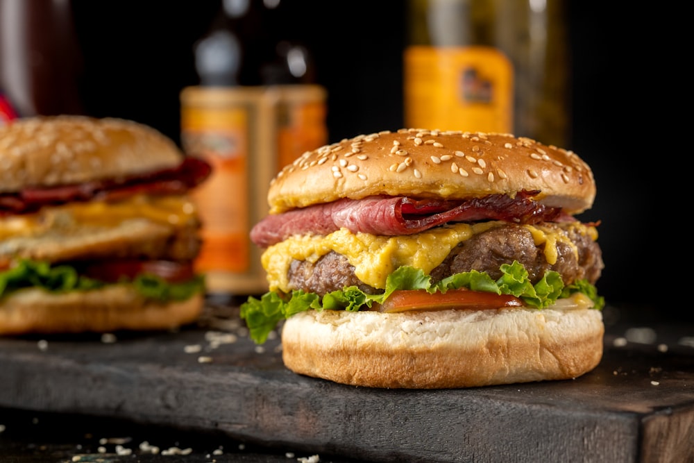 burger on black wooden table