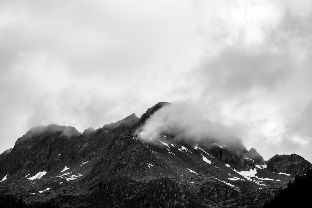 grayscale photo of mountain range